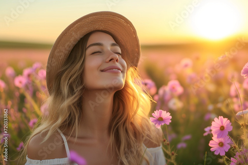 feel good portrait of a woman in a field of wheat