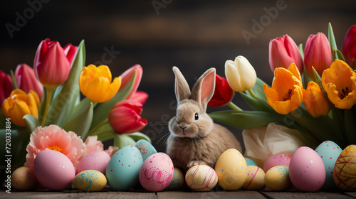 Easter Bunny Amidst Tulips and Colorful Eggs: A Joyful Spring Scene © augenperspektive