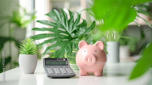 Piggy Bank and Calculator on a White Desk Amidst Indoor Plants