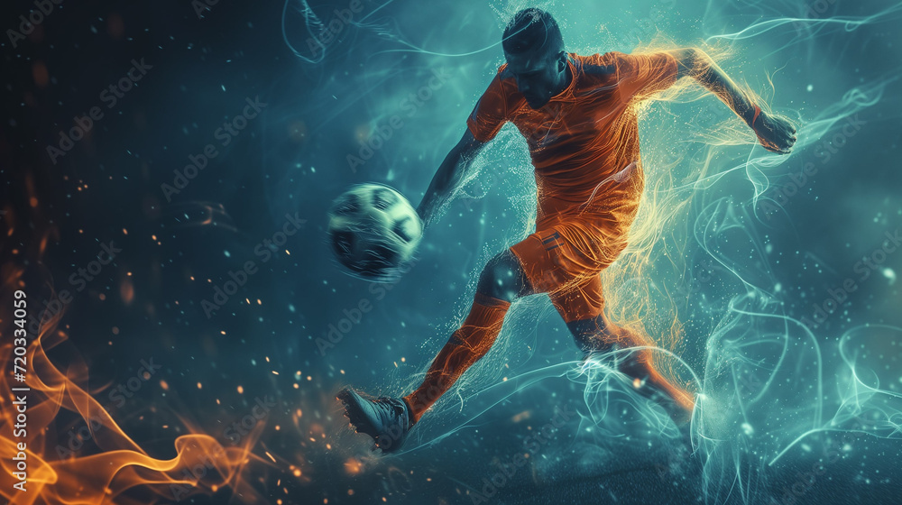 A football player with a ball with the effect of foggy energy, a conceptual banner of sports football matches, a cover for classic football