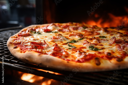Close-Up Fresh Baked Pizza in Oven. Close-up of a freshly baked pizza in a wood-fired oven, perfect for culinary themes.