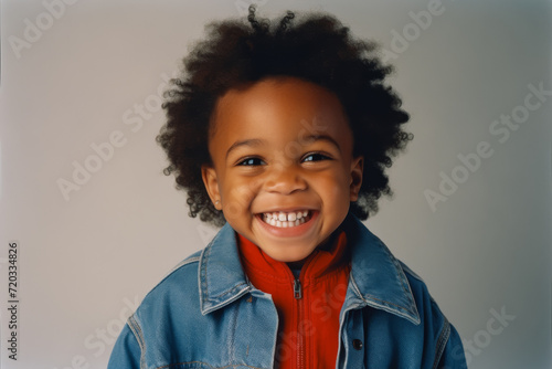 African American joyful 4 year old child in simple clothes smiles on a solid color background © SERGEY