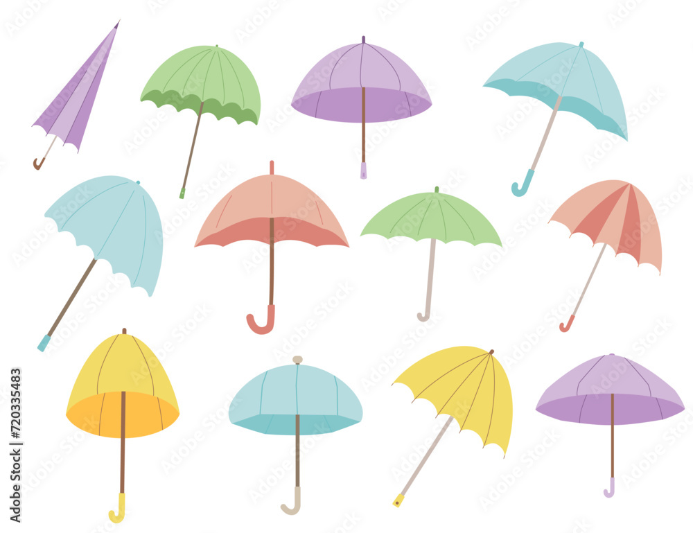 Umbrella set. Protect for rainy weather. Autumn season elements set isolated on white background. Vector flat illustration