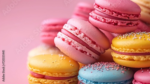 Colorful assortment of macarons sprinkled with sugar on a pastel background. photo