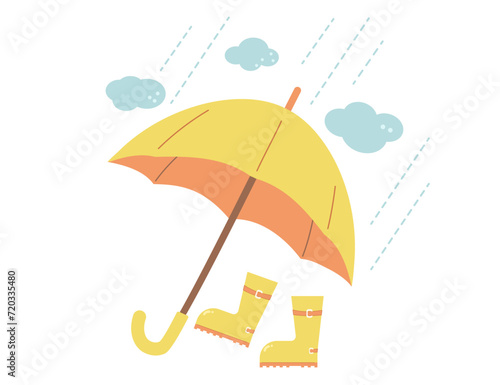 Rainy weather. Rubber boots, umbrella dark clouds and waters drops circle composition. Protect from bad season rainfall. Monsoon elements. Spring symbols isolated. Vector illustration