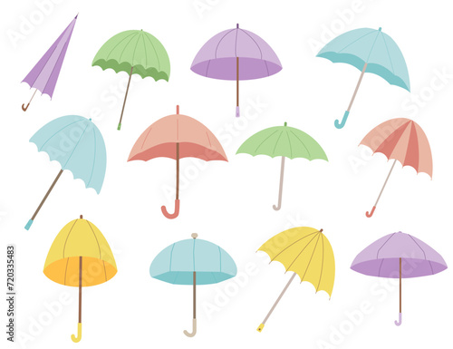 Umbrella set. Protect for rainy weather. Autumn season elements set isolated on white background. Vector flat illustration