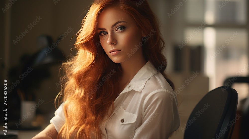 redhead beautiful girl in office desk with white shirt redhead beautiful girl in office desk with white shirt