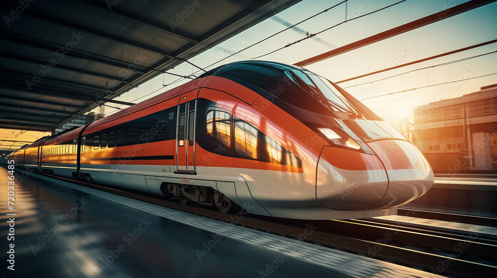 High speed train in motion on the railway station at sunset. Fast moving modern passenger train on railway platform