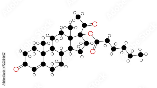 hydroxyprogesterone caproate molecule, structural chemical formula, ball-and-stick model, isolated image progestogen photo