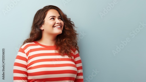 Side view happy young chubby overweight woman  photo