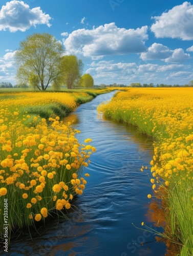under the blue sky and white clouds in spring, a crooked river runs through the countryside, the fields on both sides of the river are full of yellow rapeseed flowers