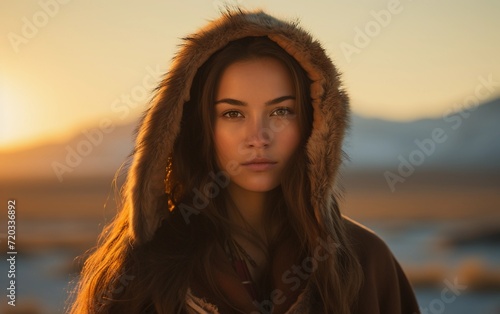 Woman With Hood Standing in Front of Sunset