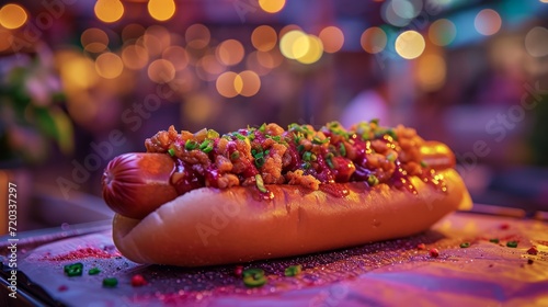 Gourmet hotdog with a variety of toppings under festive market lights. photo