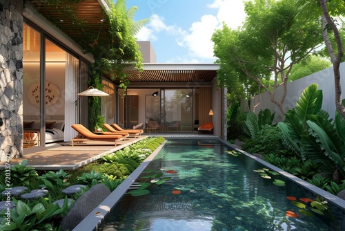 home or house building Exterior and interior design showing tropical pool villa with green garden and bedroom © Amer