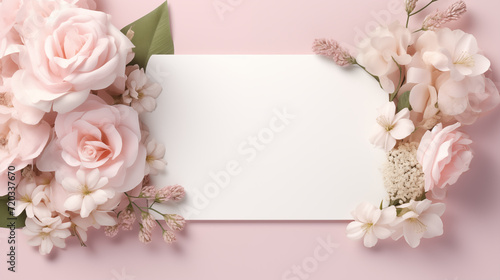Top View Floral Invitation Card Mockup. Top view of elegant pink roses with a blank invitation card, perfect for events. photo