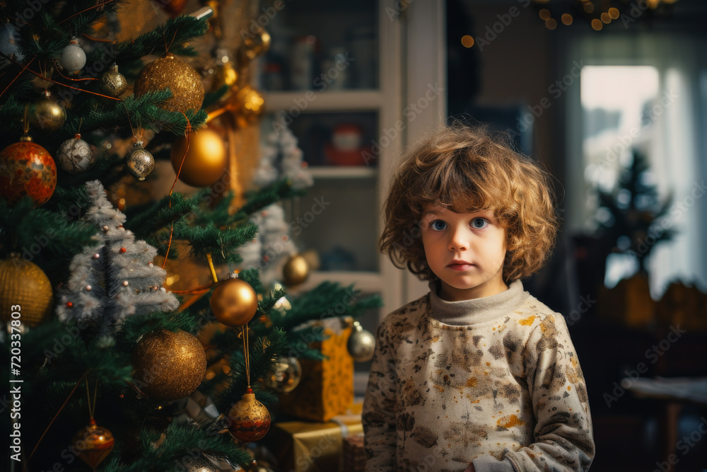 child stands near the New Year tree child stands near the New Year tree