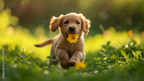 Golden puppy carrying a yellow flower in sunlit meadow.