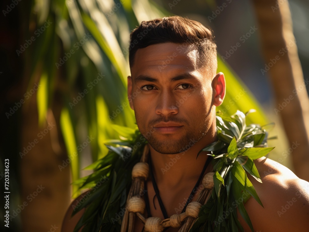 Smiling Man With a Floral Lei Around His Neck at a Tropical Beach Smiling Man With a Floral Lei Around His Neck at a Tropical Beach