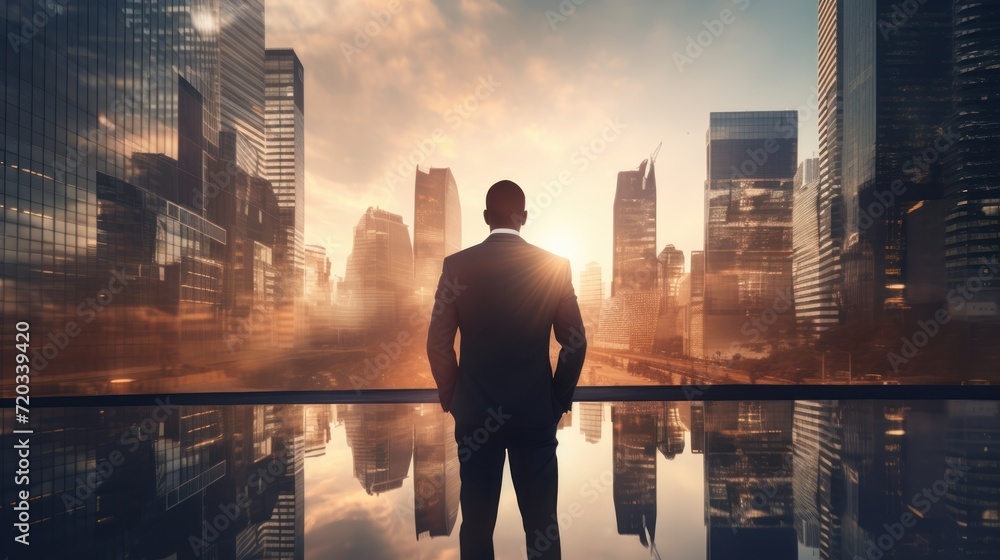 business man standing back during sunrise overlay with cityscape 