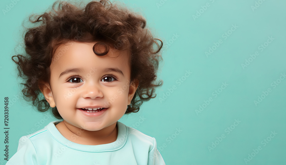 Cheerful young boy in vibrant blue outfit smiling and laughing against solid background Cheerful young boy in vibrant blue outfit smiling and laughing against solid background