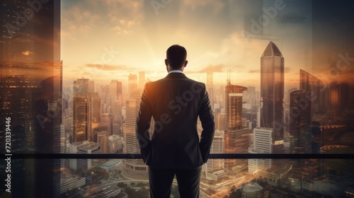 business man standing back during sunrise overlay with cityscape 