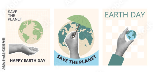 Earth day banners set. Save the planet retro posters. Templates for holiday design. Vector illustration
