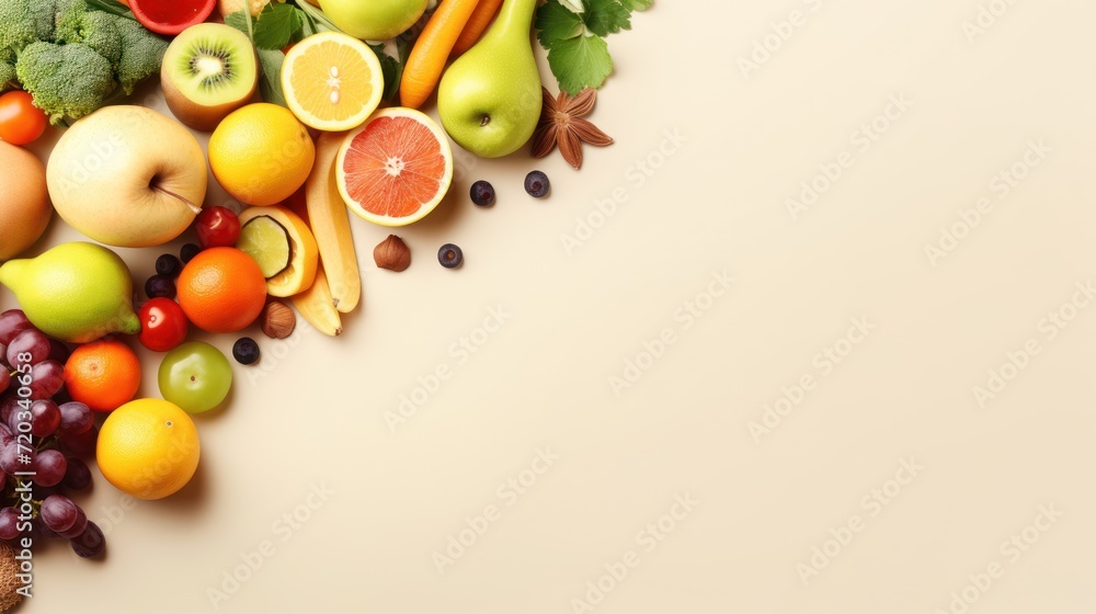 organic fruits and vegetables and healthy vegan meal ingredients on beige background. organic fruits and vegetables and healthy vegan meal ingredients on beige background.