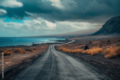Image related to unexplored road journeys and adventures.Road through the scenic landscape to the destination in Lanzarote natural park photo