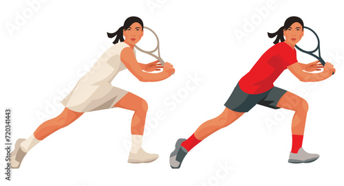 Girl figures of a Korean women's tennis player in red sportswear and white dress who receive the ball holding the racket with two hands