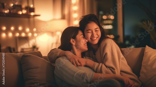Asian girls young women embracing on sofa in the evening at cozy home smiling cherfully