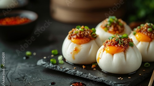 Gourmet steamed buns with savory fillings, garnished with herbs and seeds.