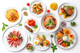A top-view composition showcasing a variety of delectable dishes on different plates