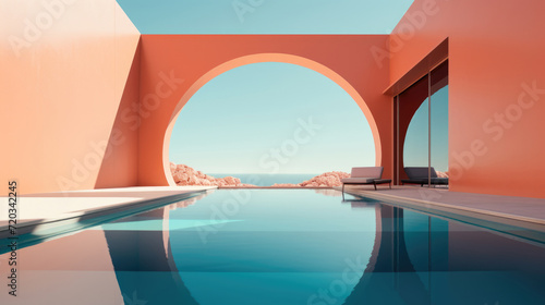 Coastal architecture with Peach Fuzz color Walls, minimalist background © Top AI images