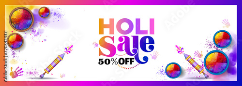 Holi sale flat 50% off Text. Online shopping web banner design. Money saving special super mega sales Offer, deal, discount Vector template design. photo