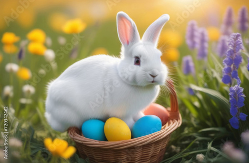White rabbit in a basket with colored eggs in a field with daisies for Easter holiday