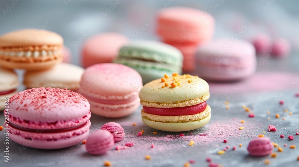 Fototapeta premium Colorful assortment of macarons sprinkled with sugar on a pastel background.