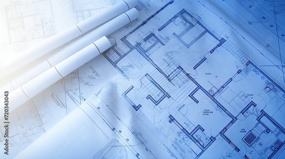 Engineer or architect holding pen with construction drawing on blueprint Engineer or architect holding pen with construction drawing on blueprint
