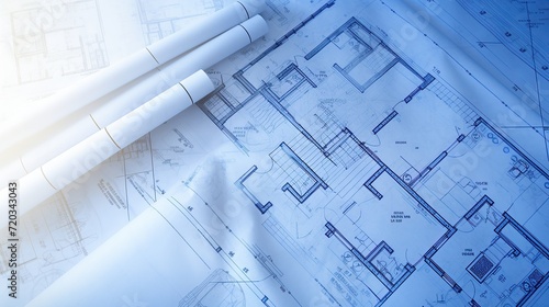 Engineer or architect holding pen with construction drawing on blueprint