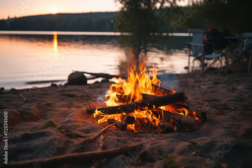 Flaming Twilight: A Nighttime Campfire by the Beautiful Lake