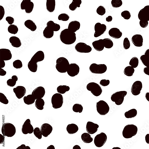 Animal skin seamless pattern, dalmatian vector background, black chaotic spots, with brush texture