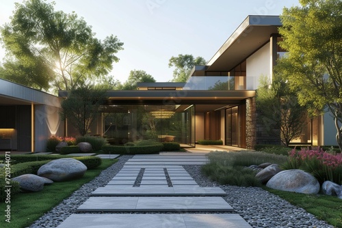 Large modern house with stone and walkway. © Amer