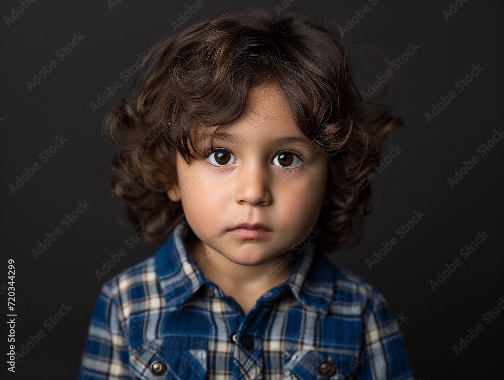 Young Boy With Curly Hair Wearing Blue Shirt