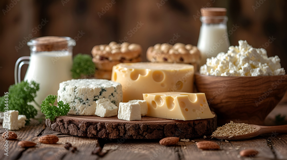 Artisan cheese selection with milk and cottage cheese, inviting a gourmet experience on a rustic wooden table.