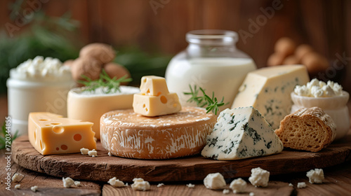 Assorted dairy products featuring cheese varieties and fresh milk on wooden table