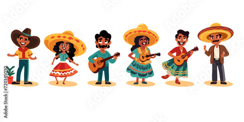 Set of happy Hispanic, Spanish and Mexican men and women wearing hats, vector illustration