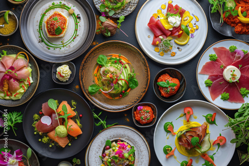 An array of plates filled with diverse international cuisines