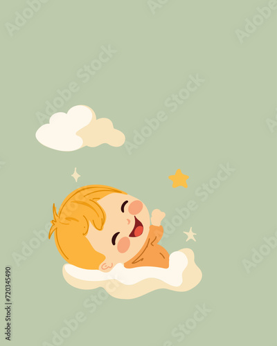 Cute little cheerful baby boy on a cloud, copy space, vector illustration