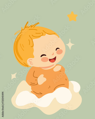 Little cheerful baby boy on a cloud, vector illustration