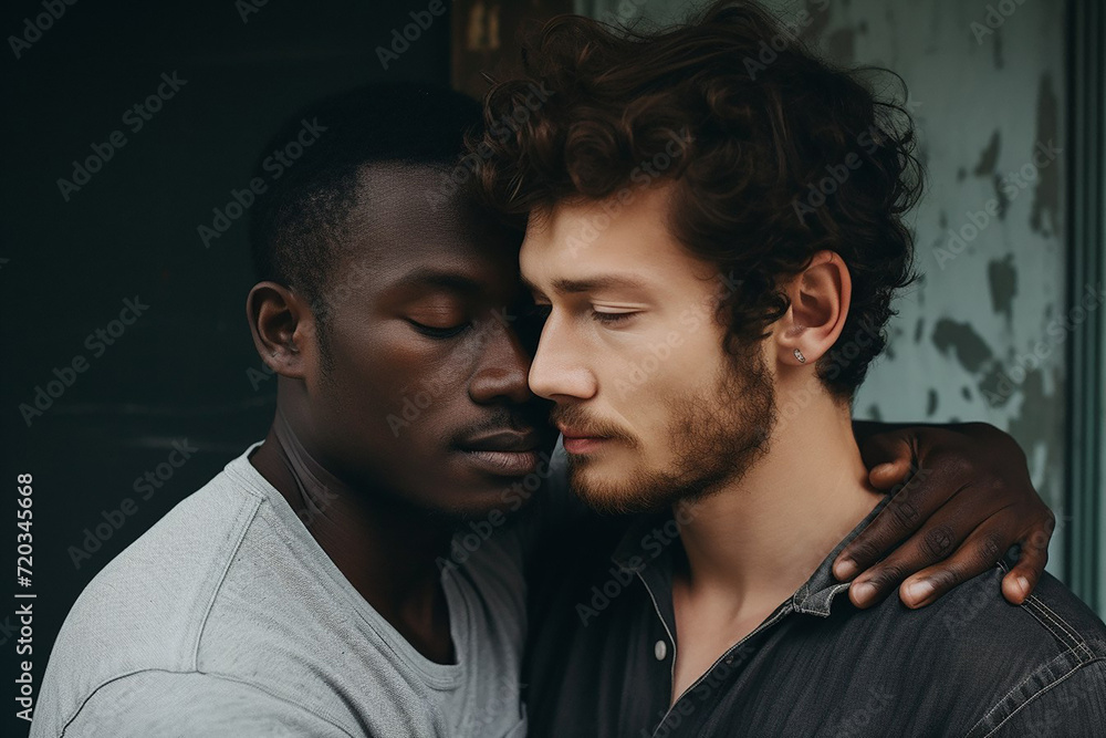 Multiethnic loving gay couple with closed eyes with wall on the background Multiethnic loving gay couple with closed eyes with wall on the background