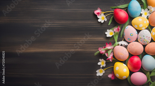 Top view of a colorful easter eggs and spring flowers on a wood background with message space. Generative AI.